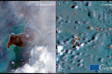 Fast nichts mehr da: Die Satellitenaufnahmen zeigen den Vulkan Hunga-Tonga-Hunga-Ha'apai am 2. Januar und zwei Tage nach dem Ausbruch am 17. Januar 