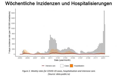 Verlauf seit Beginn der Pandemie. Die Grafik zeigt 7-Tage-Inzidenzen (weiße Kästen), Hospitalisierungen (orange Kästen), Intensiv-Station-Fälle (rote Linie)