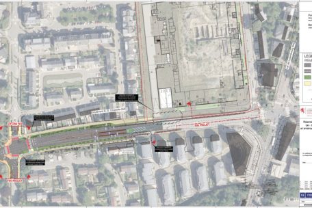 Die Skizze für die erste Bauphase. Die Einfahrtrampe befindet sich in der Mitte des bd. G.-D. Charlotte. Für ihren Bau muss der Boulevard zwischen der Luxemburger Straße und der Avenue de la Paix komplett für den motorisierten Verkehr gesperrt werden.