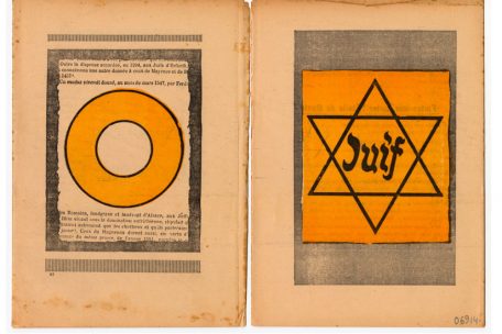 Gegenüberstellung von zwei Kennzeichnungen der Juden aus der Geschichte Europas: gelber Judenring (13.-18. Jh.) und gelber Judenstern (ab September 1941). Auszug aus einem antisemitischen Pamphlet, das in Frankreich während der deutschen Besatzung um 1941 veröffentlicht wurde.