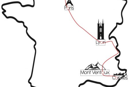 Der Streckenverlauf: Start ist in Cannes. Nach einem Abstecher zum Mont Ventoux geht es via Alpen nach Lyon, Paris, Calais und zurück nach Luxemburg.