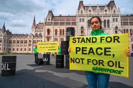 Eine Greenpeace-Aktivistin demonstriert Ende Mai in Budapest für ein Öl-Embargo