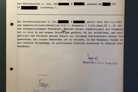 Die Luxemburger wurden zwei Mal von ihrer Hierarchie beurteilt. Hier die 1. Beurteilung von JW vom 10.9.1942. Zu diesem Zeitpunkt hatte das RPB 101 bereits mehrere „Judenaktionen“ durchgeführt, denen 19.160 unschuldige Menschen zum Opfer fielen (Zahlen Browning).