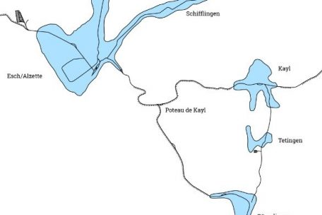 Ausschnitt der Karte des Streckennetzes der „Minettstram“: Nach links ging es weiter in Richtung Differdingen – nach rechts in Richtung Düdelingen