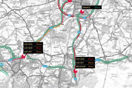 Sich dem Zentrum des Großherzogtums zu nähern, kann per Auto derzeit ein bisschen länger dauern, wie etwa die Karte von CITA.LU gegen 9.30 Uhr zeigt.