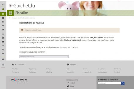 Ein Screenshot der Luxemburger Polizei zeigt die gefälschte Guichet.lu-Website, auf die Nutzer über den Link in der sogenannten Phishing-SMS geleitet werden. In der Adresszeile des Browsers lässt sich erkennen, dass es sich nicht um die Originaladresse handelt.