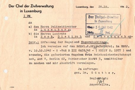 Anordnung des Chefs der Zivilverwaltung an die Polizeidirektion und Landräte zur Ausführung des Reichsdeutschen Erlasses zur „Erfassung der Neger und Negermischlinge“ (28.10.1942)<br />
