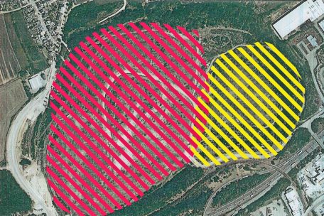 Für den rot schraffierten Teil ist die Versiegelung genehmigt, für den gelben Teil noch nicht beantragt. Das muss Geländebesitzer ArcelorMittal tun.