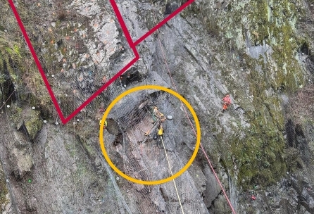 Die Felswand bei Bürden soll mittels passiver Verankerungen und diverser Netze (in Rot) gesichert werden. Brocken innerhalb des gelben Kreises haben sich am Wochenende gelöst.