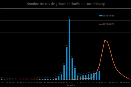 Deklarierte Grippefälle in Luxemburg: die Jahre 2021-2022 und 2022-2023 im Vergleich