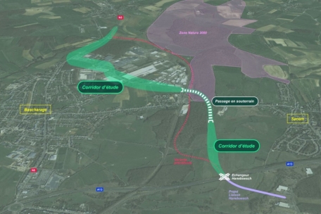Umgehung Bascharage: die neue Trasse (grün) und die vom Parlament verabschiedete Streckenführung (rot)
