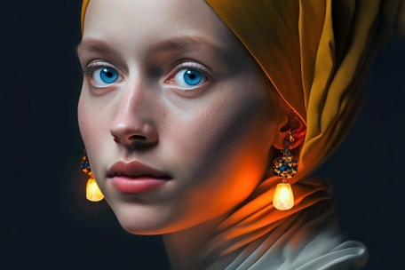 Das Kunstwerk „A Girl With Glowing Earrings“ von Julian van Dieken (undatiert). Der Fotograf und „Digital Creator“ van Dieken hat mithilfe einer KI das Bild erschaffen.