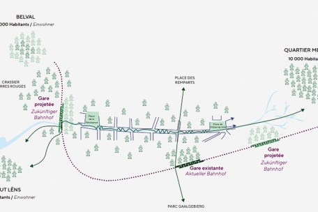 So soll das CFL-Schienennetz rund um Esch einmal aussehen: Zwei neue Bahnhöfe (Metzeschmelz und Viadukt) sollen dabei den bestehenden ersetzen