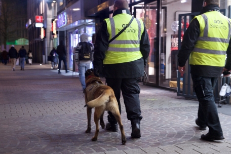 Des agents de sécurité de GDL Security en patrouille avec leur chien dans l’avenue de la gare
