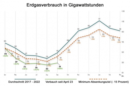 Diese vom Energieministerium bereitgestellte Grafik zeigt, dass der Verbrauch (grüne Linie) weit unter der avisierten Mindestquote (gestrichelte Linie) liegt (Übersetzungen durch Editpress).