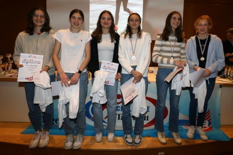 Zufriedene Scolaires-Mädchen des Jahrgangs 2010. Dort hatte sich Lisa Steinbach (CAPA) durchgesetzt – dies vor Clara Charlesworth (LIAL), Margot Baustert (CAB), Lena Elcheroth (LIAL), Julianne Bouwmeister (CAEG) und Laura Zeimet (CAD).