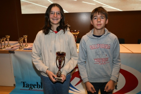 Den Pokal für den dritten Platz beim Challenge Tageblatt nahmen die beiden Vertreter des CA Düdelingen entgegen