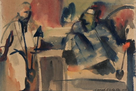 Hamed Abdalla, &bdquo;Taamira&ldquo;, 1937, Aquarellzeichnung, 18 x 25 cm<br />
