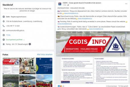 Das rechts ist kein Text: Der Rettungskorps CGDIS hat bei Facebook wieder vor allem mittels großer Grafiken gewarnt – die nur auf Französisch beschriftet und für Sehbehinderte nicht zugänglich waren. Und der Link zu „inondations.lu“ war auch kurzzeitig nicht brauchbar