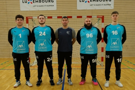 Rajko Milosevic (Mitte) mit den Torhütern der FLH-Auswahl: Guillaume Felici (1), Scott Meyers (24), Mika Herrmann (96) und Kell Meyers (16)
