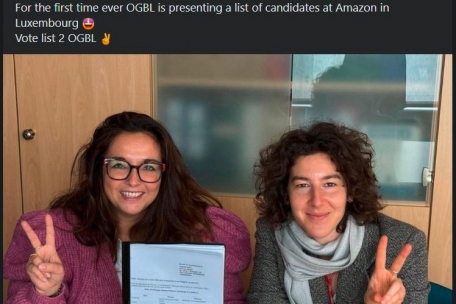 OGBL-Präsidentin Nora Back (l.) und Isabel Scott, beigeordnete Zentralsekretärin des OGBL, zeigen sich in dem Facebook-Beitrag der Gewerkschaft erfreut über die Neuigkeiten in Sachen OGBL-Liste bei Amazon