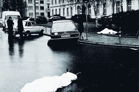 Tatort der Ermordung von Buback und seinen Begleitern in Karlsruhe (April 1977)