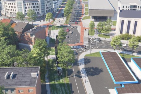 Die innerstädtische Tram in Esch an der Kreuzung Luxemburger Straße/Boulevard Grande-Duchesse Charlotte