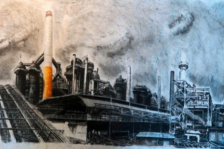 Kohlezeichnung als Projektskizze f&uuml;r die &bdquo;Torches of Freedom&ldquo; in der V&ouml;lklinger H&uuml;tte