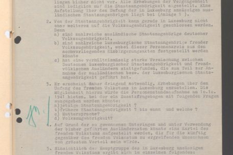 Bericht &uuml;ber die Besprechungen der volkspolitischen Lage beim Chef der Zivilverwaltung in Luxemburg am 27./28.8.1941, von SS-Obersturmf&uuml;hrer Heinz Br&uuml;ckner, Leiter des B&uuml;ros 6 (&bdquo;Sicherung deutschen Volkstums in Luxemburg&ldquo;) der Volksdeutschen Mittelstelle (VoMi).(Bundesarchiv, BArch, NS_NS 19_1163)
