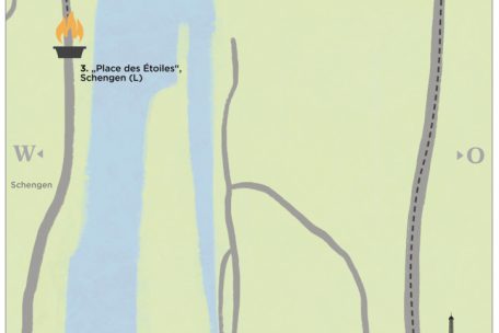 Der Verlauf der Flamme, von Apach (F) über Perl (D) nach Schengen (L), auf einen Blick