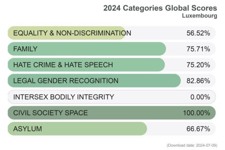 Die Prozentzahlen geben Auskunft darüber, wie viele bestehende LGBTQIA+-Rechte in den betreffenden Kategorien in Luxemburg gelten