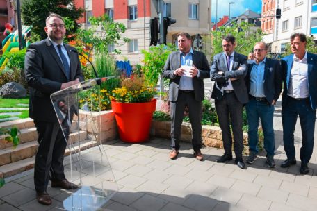 Der Escher Schöffenrat bei der Eröffnung der Mobilitätswoche 2024 vor zehn Tagen (v.l.): Bürgermeister Christian Weis (CSV), Meris Sehovic („déi gréng“), Bruno Cavaleiro (CSV), André Zwally (CSV) und Pim Knaff (DP)