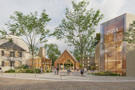 Auf dem Immigrationsplatz wird das neue Rathaus (rechts) entstehen, während der Bau eines neuen Kulturzentrums (links) zeitlich zurückgesetzt wird