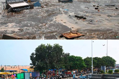 Diese Bilder zeigen die Strandgegend an der ostindischen Stadt Chennai, oben am 26. Dezember 2004, unten am 9. November 2024