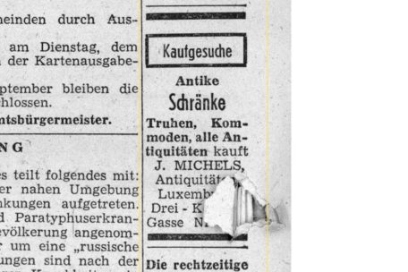 Annonce de Jemp Michels proposant d’acheter tous types de meubles anciens, Escher Tageblatt, 13.9.1943, p. 6