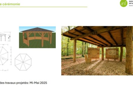 Das Chalet wird ungefähr so wie in der Projektion links aussehen. Zum Vergleich rechts der Pavillon des Monnericher „Bëschkiefecht Hennebësch“
