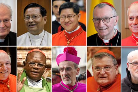 Eine Kombo mit Archivbildern zeigt mögliche Kandidaten für die Papst-Nachfolge. Oben (l-r): Jean-Claude Hollerich, Erzbischof von Luxemburg (vom 05.10.2019), Peter Erdö, Erzbischof von Esztergom-Budapest (vom 20.04.2023), Charles Maung Bo, Erzbischof von Yangon (vom 06.01.2015), Luis Antonio Tagle, Pro-Präfekt des Dikasteriums für die Evangelisierung - einer der wichtigsten Posten der Kurie, zuvor u.a. Erzbischof von Manila (vom 24.11.2012), Pietro Parolin, Kardinalstaatssekretär (vom 29.06.2021), Robert Francis Prevost, Präfekt des Dikasteriums für die Bischöfe (vom 30.09.2023), Jose Tolentino de Mendonca, Präfekt des vatikanischen Dikasteriums für Kultur und Bildung (vom 16.02.2025). Unten (l-r): Matteo Zuppi, Bischof aus Bologna und Vorsitzender der italienischen Bischofskonferenz (vom 28.01.2020), Jean-Marc Aveline, Erzbischof von Marseille, Frankreich (vom 27.08.2022), Fridolin Ambongo Besungu, Erzbischof von Kinshasa (vom 13.10.2023), Pierbattista Pizzaballa, Patriarch von Jerusalem (vom 24.12.2016), Raymond Burke, Kardinalpriester aus den USA, ehemaliger Erzbischof von St. Louis (vom 29.06.2015), Anders Arborelius, Bischof von Stockholm (vom 07.06.2021) und Cristobal Lopez Romero, Erzbischof von Rabat (vom 05.10.2019)