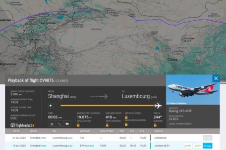 Nachverfolgung des Cargolux-Fluges CV9875 via Flightradar24