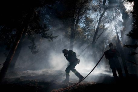 Feuerwehrleute versuchen auf der griechischen Insel Chios einen Waldbrand zu löschen