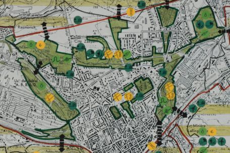 Ausschnitt aus Karte 2 des Landschaftsplans für Esch von Müller/Wehberg/Knippschild aus dem Jahr 1989, zum Grundkonzept für die städtische Grünstruktur und die freiraumbezogene Naherholung