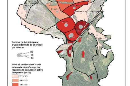 Die Bezieher von Arbeitslosengeld nach Stadtviertel. In Luxemburg gibt es in der Regel maximal 12 Monate Arbeitslosengeld. Die in der Grafik aufgeführten Prozentzahlen sind demnach nicht mit der Arbeitslosenquote zu verwechseln.