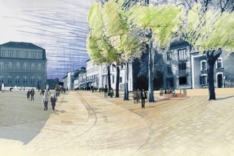 Die von Peter Latz 2004 vorgeschlagene place Grand-rue mit Platanen, Bänken, Brunnen könnte im Rahmen der Umwandlung der Grand-rue in eine autoarme Straße im Escher Mobilitätsplan 2035 entstehen