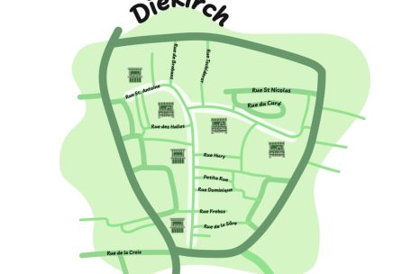 Der Wochenmarkt in Diekirch erstreckt sich über mehrere Straßen in der Fußgängerzone der Innenstadt. Die meisten Stände finden sich entlang der rue Saint Antoine, der rue du Marché sowie der Groussgaass.