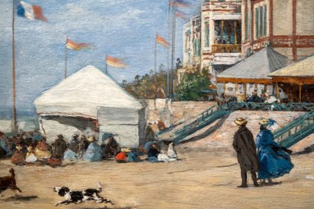 En peignant sur le motif: détail de „La Plage a Trouville“ (1863, huile, 34 x 58 cm)