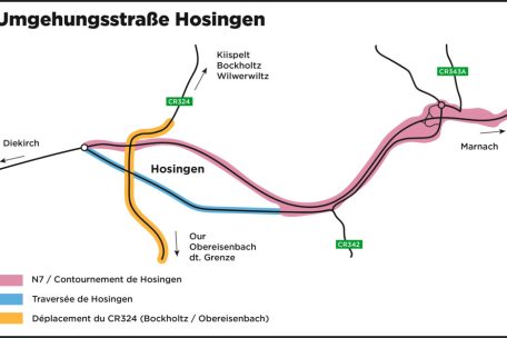 Links im Bild ist der Kreisverkehr „op Héi“ zu sehen