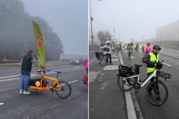 Gesperrter Radweg / ProVelo blockt Autoverkehr, um in Gruppen über die „Rout Bréck“ zu fahren 