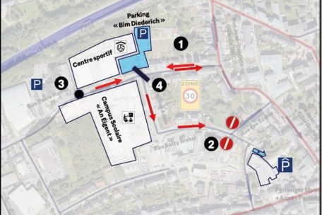 Variante 1 entspricht weitgehend den Maßnahmen der Testphase mit einer Absperreinrichtung in der rue Pierre Hamer und einer Einbahnregelung in der rue Batty Weber.