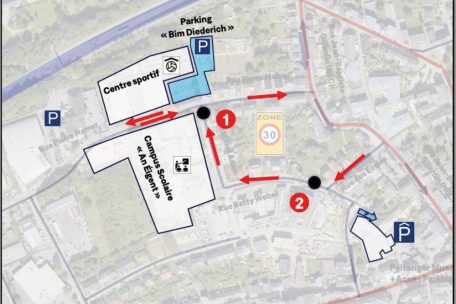 Variante 3, die sogenannte „Minimallösung“, umfasst Absperreinrichtungen in der rue Batty Weber und rue Mathias Adam. Der Verkehr in der rue Pierre Hamer würde dadurch kaum beeinflusst.