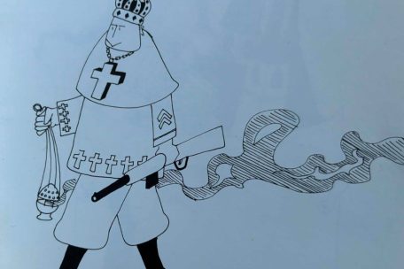 Karikatur von Guy W.Stoos aus dessen 1979 in Esch/Alzette erschienenen Buch „Hochdruck – Cartoons“. Über 40 Jahre hinweg veröffentlichte Stoos Zeichnungen und Fotomontagen, die die Monarchie kritisierten und infrage stellten.