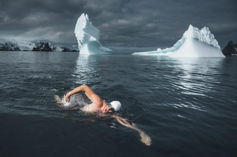Extremsportler schwimmt vor Antarktis-Küste